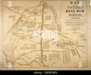 Carte américaine historique vintage. Carte des batailles de Bull Run près de Manassas. Par Département de la Guerre. Bureau du chef des ingénieurs., années 1860 Banque D'Images