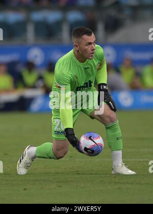 Paddington, Australie. 30 mars 2024. Daniel Vukovic des Central Coast Mariners vu en action lors du match de la 22e ronde de la saison UTE d'Isuzu entre le Sydney FC et les Central Coast Mariners au stade Allianz. Score final ; Sydney FC 2 : 0 Central Coast Mariners. Crédit : SOPA images Limited/Alamy Live News Banque D'Images