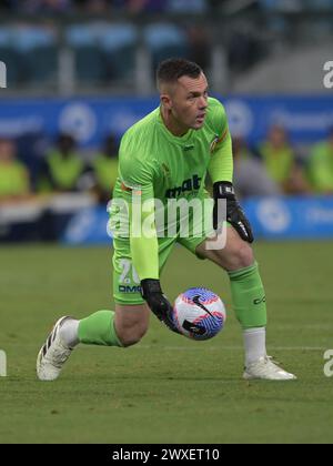 Paddington, Australie. 30 mars 2024. Daniel Vukovic des Central Coast Mariners vu en action lors du match de la 22e ronde de la saison UTE d'Isuzu entre le Sydney FC et les Central Coast Mariners au stade Allianz. Score final ; Sydney FC 2 : 0 Central Coast Mariners. (Photo Luis Veniegra/SOPA images/SIPA USA) crédit : SIPA USA/Alamy Live News Banque D'Images