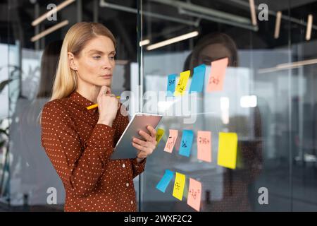 Femme d'affaires concentrée utilisant des notes adhésives pour le brainstorming et la planification sur un mur de verre dans un cadre de bureau moderne. Banque D'Images