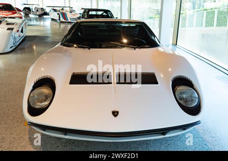 Varano de' Melegari, Italie (25 mars 2024) - Une voiture Lamborghini Miura blanche (1966) dans la galerie d'exposition de l'Académie de Dallara Banque D'Images