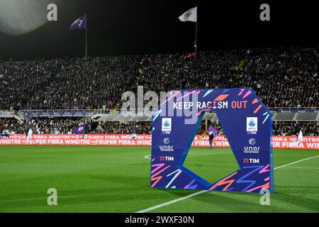 Florence, Italie. 30 mars 2024. Campagne contre le racisme lors du match de Serie a Tim entre la Fiorentina et Milan - Serie A TIM au stade Artemio franchi - Sport, Football - Florence, Italie - dimanche 30 mars 2024 (photo Massimo Paolone/LaPresse) crédit : LaPresse/Alamy Live News Banque D'Images