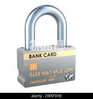 Carte bancaire de crédit comme cadenas, concept de sûreté et de sécurité. Rendu 3D isolé sur fond blanc Banque D'Images