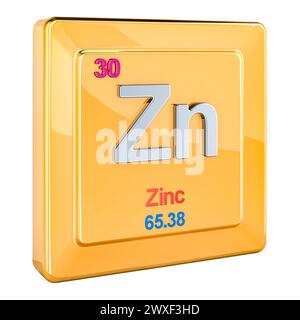 Zinc Zn, signe d'élément chimique avec le numéro 30 dans le tableau périodique. Rendu 3D isolé sur fond blanc Banque D'Images