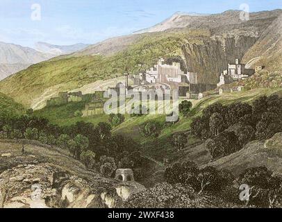 Nazareth. Vue générale de la ville. Gravure par Aubert. Coloration ultérieure. 'La Tierra Santa y los lugares recorridos por los profetas, por los apóstoles y por los cruzados' (Terre Sainte et lieux traversés par les prophètes, les apôtres et les croisés). Publié à Barcelone par l'imprimerie Joaquin Verdaguer, 1840. Banque D'Images