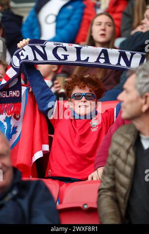 Bristol, Royaume-Uni. 30 mars 2024. Bristol, Angleterre, le 30 mars 2024 : pré-match des supporters de l'Angleterre pendant le match féminin des six Nations entre l'Angleterre et le pays de Galles au stade Ashton Gate à Bristol, Angleterre (Will Hope/SPP) crédit : photo de presse du SPP Sport. /Alamy Live News Banque D'Images