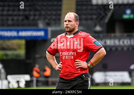 Swansea, pays de Galles. 30 mars 2024. PJ Botha des Emirates Lions lors du match de la 13e ronde de l'United Rugby Championship (URC) entre Ospreys et Emirates Lions au stade Swansea.com de Swansea, pays de Galles, Royaume-Uni, le 30 mars 2024. Crédit : Duncan Thomas/Majestic Media. Banque D'Images