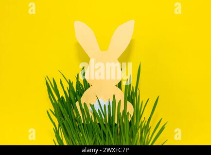 Lapin coupé en papier dans l'herbe sur fond jaune. Pour le jour de Pâques, invitation, carte de voeux, affiches et papier peint. Banque D'Images