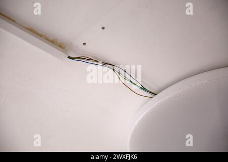 Câbles électriques dégradés sur un mur blanc Banque D'Images
