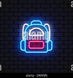 Sac à dos plat NEON pour un design conceptuel. Sac à dos pour le voyage, icône rayonnante du tourisme. Illustration vectorielle Illustration de Vecteur