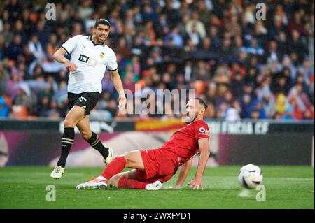 Valencia, Espagne. 30 mars 2024. Vedat Muriqi du RCD Mallorca en action lors de la Liga EA Sport saison régulière Round 30 le 29 mars 2024 au stade Mestalla (Valence, la Liga EA Sport saison régulière Round 30 le 29 mars 2024). 30/3/24 Note finale : Valencia CF 0 : 0 RCD Mallorca Allemand Vidal Ponce (photo par German Vidal/Sipa USA) crédit : Sipa USA/Alamy Live News Banque D'Images