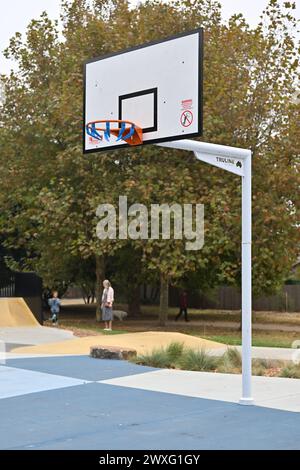 Tour de basket Truline et panneau arrière avec cerceau Infinet dans un parc local, en automne Banque D'Images