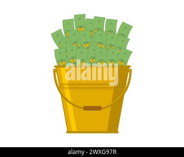Un seau doré avec une grosse pile d'argent à l'intérieur. Illustration vectorielle avec des dollars de papier dans un seau sur un fond blanc. Illustration de Vecteur