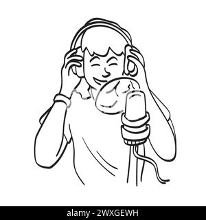 Jeune fille chanteuse dans un studio d'enregistrement vecteur d'illustration dessiné à la main isolé sur fond blanc Illustration de Vecteur