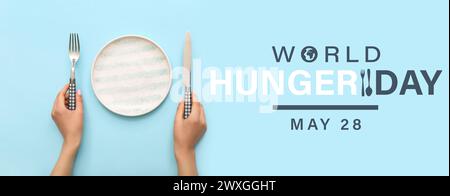 Bannière pour la Journée mondiale de la faim avec femme à table avec assiette vide Banque D'Images