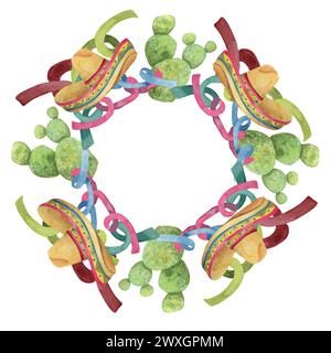 Cadre de couronne ronde avec des éléments mexicains pour Cinco de Mayo. Cactus dessinés à la main, serpentine, clipart aquarelle sombrero. Conception en forme de cercle rond pour Banque D'Images