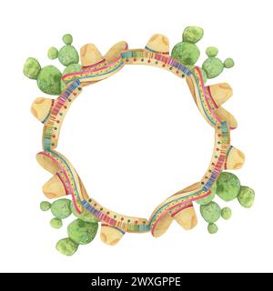 Cadre de couronne ronde avec des éléments mexicains pour Cinco de Mayo. Cactus dessinés à la main et clipart d'aquarelle sombrero coloré. Conception en forme de cercle rond pour Banque D'Images