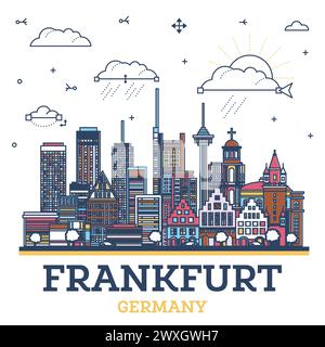 Outline Frankfurt Allemagne Skyline avec des bâtiments de couleur moderne isolés sur blanc. Illustration vectorielle. Paysage urbain de Francfort avec des monuments. Illustration de Vecteur