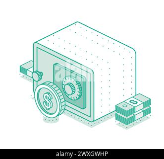 Coffre-fort isométrique avec une pièce de monnaie d'un dollar et des piles d'argent américain. Contour de l'objet isolé sur fond blanc. Illustration vectorielle. Icône de l'investissement. Illustration de Vecteur