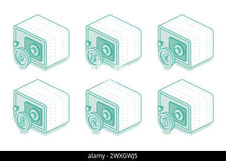 Collection de coffres-forts isométriques avec différentes pièces de monnaie. Contour de l'objet isolé sur fond blanc. Illustration vectorielle. Icône de sécurité. Illustration de Vecteur