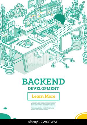 Développement backend sur ordinateur. Programmeur de travail assis sur la chaise avec les roues devant le moniteur incurvé avec le code. Code de programmation PHP et C++. Illustration de Vecteur