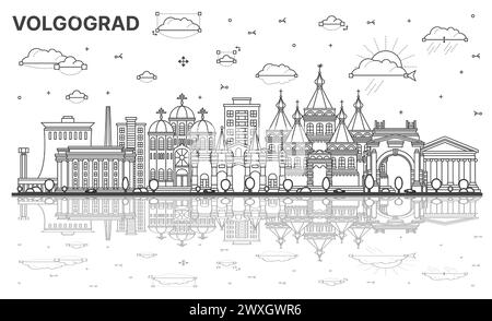 Contour Volgograd Russie ville skyline avec des bâtiments modernes et historiques avec des reflets isolés sur blanc. Illustration vectorielle. Paysage urbain de Volgograd Illustration de Vecteur