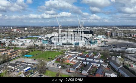Vue aérienne de l'Etihad Stadium avant le match de premier League Manchester City vs Arsenal à l'Etihad Stadium, Manchester, Royaume-Uni, 31 mars 2024 (photo Mark Cosgrove/News images) Banque D'Images