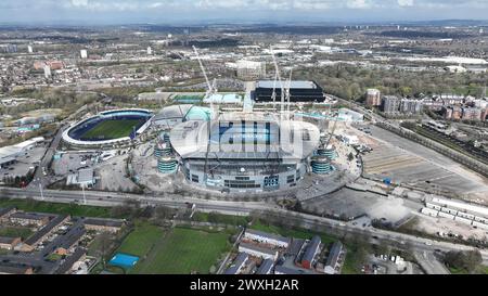 Vue aérienne de l'Etihad Stadium avant le match de premier League Manchester City vs Arsenal à l'Etihad Stadium, Manchester, Royaume-Uni, 31 mars 2024 (photo Mark Cosgrove/News images) Banque D'Images