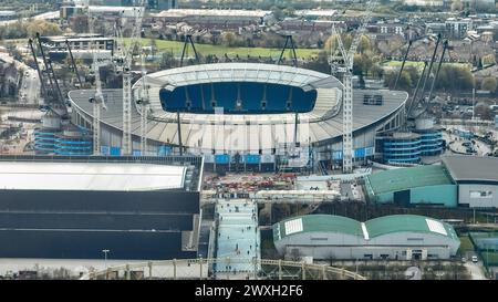 Manchester, Royaume-Uni. 31 mars 2024. Vue aérienne de l'Etihad Stadium avant le match de premier League Manchester City vs Arsenal à l'Etihad Stadium, Manchester, Royaume-Uni, le 31 mars 2024 (photo Mark Cosgrove/News images) à Manchester, Royaume-Uni, le 31/03/2024. (Photo de Mark Cosgrove/News images/SIPA USA) crédit : SIPA USA/Alamy Live News Banque D'Images