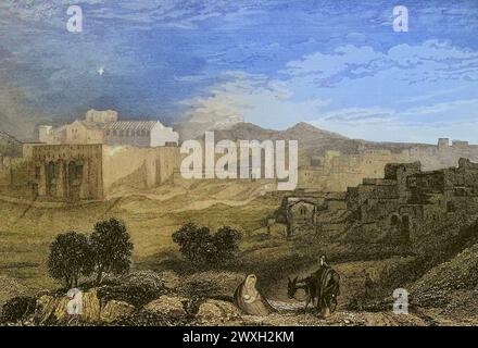 Bethléem. Vue générale. Gravure par Aubert. Coloration ultérieure. 'La Tierra Santa y los lugares recorridos por los profetas, por los apóstoles y por los cruzados' (Terre Sainte et lieux traversés par les prophètes, les apôtres et les croisés). Publié à Barcelone par l'imprimerie Joaquin Verdaguer, 1840. Banque D'Images