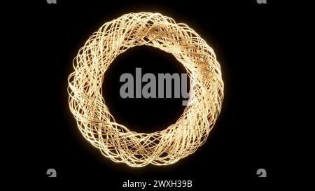 Cercle de lumière dorée abstrait sur fond noir rendu 3D. Banque D'Images