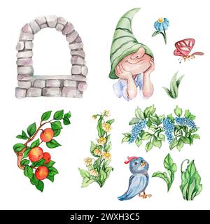 Aquarelle dessinée à la main mignons gnomes nordiques, gnomes scandinaves et fleurs et feuilles illustration aquarelle. Conception pour fête de douche de bébé, anniversaire, Banque D'Images