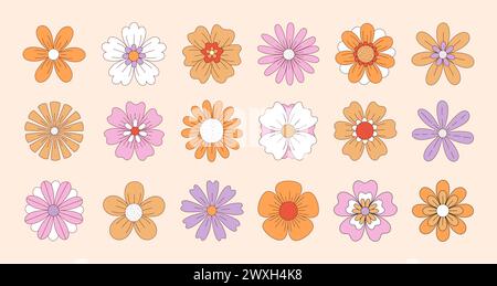 Collection de fleurs hippie groovy dans le style rétro des années 1970. Fleurs funky vintage dessinées à la main. Illustration vectorielle Illustration de Vecteur