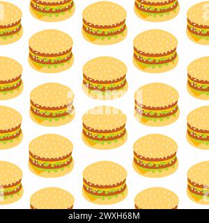 Délicieux grand hamburger avec deux côtelettes et illustration vectorielle de feuille de laitue. Modèle sans couture dans le style plat de dessin animé isolé sur fond blanc. Pour M. Illustration de Vecteur