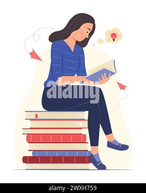 Femme assise sur la pile de livres et penser l'idée créative tout en lisant une illustration de concept de livre Illustration de Vecteur