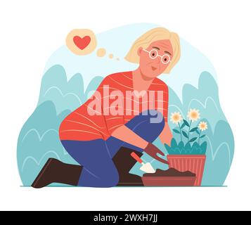 Femme âgée plantant une plante de fleur dans un pot de fleur dans le jardin Illustration de Vecteur