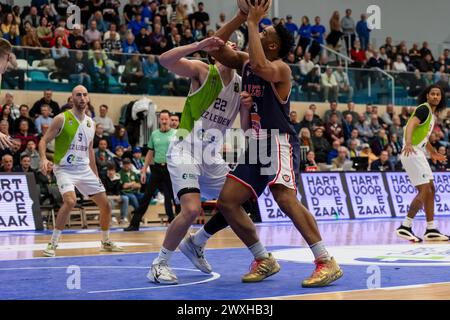 LEIDEN, PAYS-BAS - MARS 30 : Brock Gardner de ZZ Leiden, E.J. Anosike de RSW Liege basket lors du match d'Or Elite de la Ligue BNXT entre Zorg en Z Banque D'Images