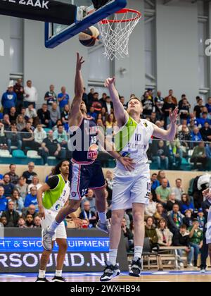 LEIDEN, PAYS-BAS - MARS 30 : Engel Rodriguez de RSW Liege basket, Roeland Schaftenaar de ZZ Leiden lors du match d'or de la BNXT League Elite entre Banque D'Images