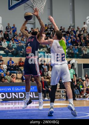 LEIDEN, PAYS-BAS - MARS 30 : Jamelle Hagins de RSW Liege basket se rend au panier Brock Gardner de ZZ Leiden lors du tapis BNXT League Elite Gold Banque D'Images