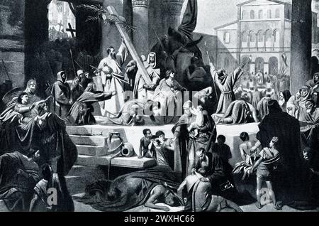 La légende du début des années 1900 se lit comme suit : « LA DEUXIÈME ENTRÉE DE GODFREY DANS JÉRUSALEM. — Une répulsion de honte vint sur Godfrey et ses partisans, au milieu de leur travail meurtrier dans les rues de Jérusalem capturée [ils la capturèrent en 1099]. Ils se sont souvenus de leur religion et ont réalisé comment ils la déshonoraient. Le massacre a été vérifié, les chefs se sont retirés de la ville, et y sont rentrés comme pèlerins, désarmés, pieds nus, et chantant des psaumes. Banque D'Images