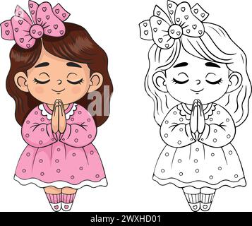 Fille enfant priant mignonne en robe avec de longs cheveux. Illustration vectorielle. Dessin manuel linéaire et coloré isolé. Personnage d'enfant croyant religieux. Ki Illustration de Vecteur