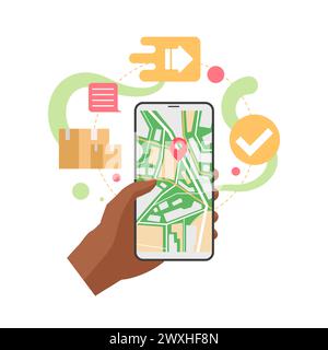 Main tenant le téléphone portable avec la direction de l'épingle sur la carte de la ville sur l'écran pour l'illustration vectorielle de livraison de colis Illustration de Vecteur