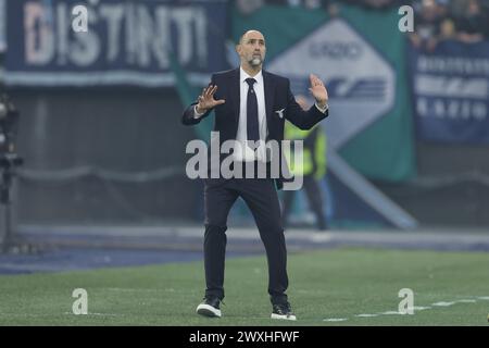 Igor Tudor, entraîneur croate du Lazio, gesticulate lors du match de football Serie A entre le SS Lazio et la Juventus au stade Olimpico de Rome, centre de l’Italie, le 30 mars 2024. Banque D'Images