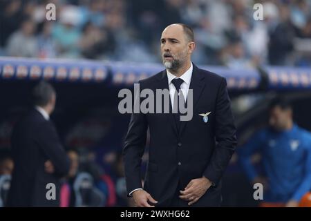 Igor Tudor, entraîneur croate du Lazio, gesticulate lors du match de football Serie A entre le SS Lazio et la Juventus au stade Olimpico de Rome, centre de l’Italie, le 30 mars 2024. Banque D'Images