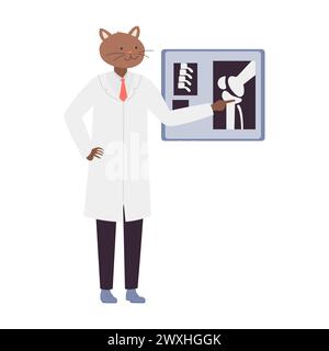 Docteur radiologue chat. Travailleur de chat d'hôpital dans l'illustration vectorielle de dessin animé de manteau blanc Illustration de Vecteur