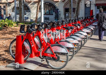 Barcelone, Espagne - 10 FÉVRIER 2022 : vélos électriques de BICING garés à la station de charge de Barcelone, avec le soutien de l'application Smou. Banque D'Images