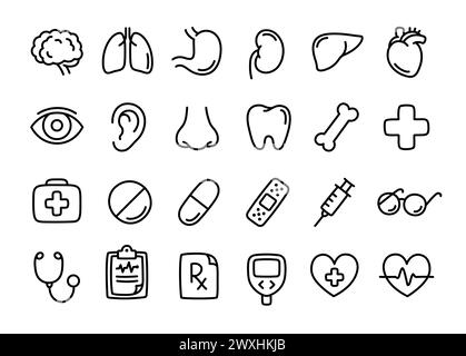 Jeu d'icônes de ligne de santé et de médecine. Organes internes et fournitures médicales, hôpital et pharmacie. Illustration vectorielle de style doodle dessinée à la main. Illustration de Vecteur