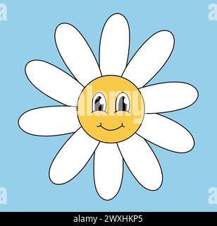 Rétro 70s 60s 80s Hippie Groovy Cute Daisy Fleur. Visage souriant. Elément de puissance fleur de camomille. Illustration vectorielle isolée sur fond bleu. Illustration de Vecteur
