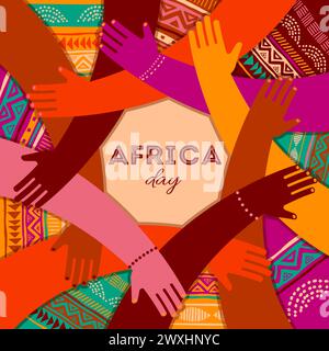 Affiche colorée avec cercle de mains. Journée de l'Afrique, ensemble, conception de concept communautaire. Illustration de style minimaliste moderne Illustration de Vecteur