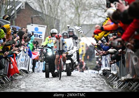 Oudenaarde, Belgique. 31 mars 2024. La néerlandaise Shirin Van Anrooij de Lidl-Trek photographiée en action lors de la course féminine de la 'ronde van Vlaanderen/ Tour des Flandres/ Tour of Flanders'' une journée cycliste, 163 km avec départ et arrivée à Oudenaarde, dimanche 31 mars 2024. BELGA PHOTO JASPER JACOBS crédit : Belga News Agency/Alamy Live News Banque D'Images